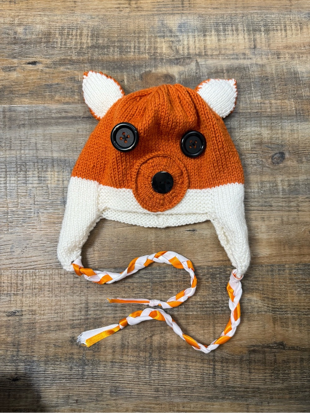 Fox Knit Hat Toddler 4-6 Ear Flap Orange Cute Winter